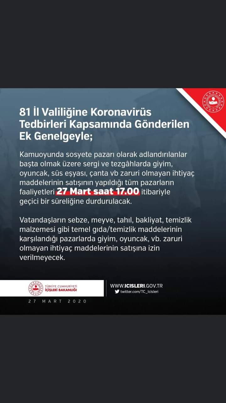 Koronavirüs Salgını ile Mücadele Kapsamında Pazar/Satış Yerleri İle İlgili Ek Genelge