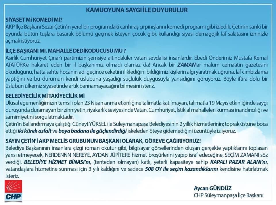 CHP İlçe Başkanı Aycan Gündüz’ün siyaset yapma tarzı eleştirilerin odağında…
