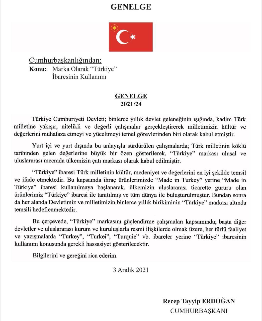 Cumhurbaşkanı Erdoğan’dan marka olarak “Türkiye” ibaresinin kullanılmasına ilişkin genelge…